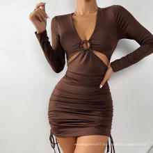 Long Sleeve Front Cut Out Ruched Bodycon Dress